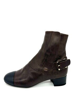 CHANEL 13B Brown Leather Patent Cap Toe Buckled Ankle Bootie Boots Shoes